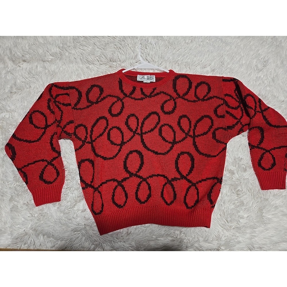Vintage Abstract Sweater‎ 80s S/M Pullover Knit All-Over Red GAS Great American